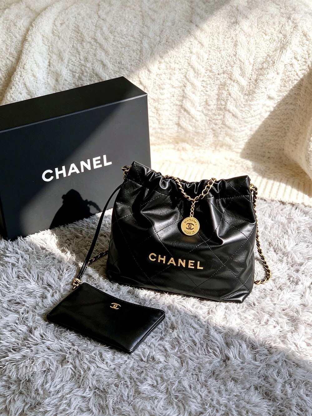 Chanel Black Quilted Patent Leather Large Drawstring Tote